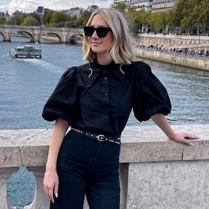 Black Puff Sleeve Top With Embellished Collar